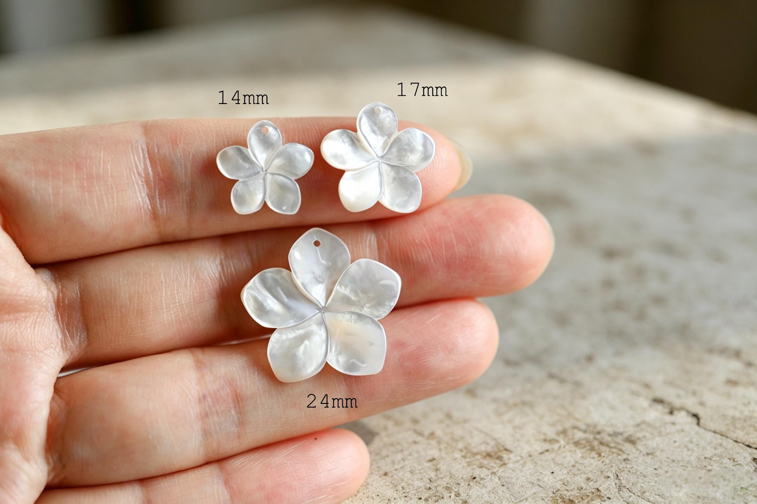 10pcs White Mother of Pearl Flowers 14/ 17/ 24mm, Top Side Drilled, Shell Plumeria Flowers for Earrings -(BK-016)
